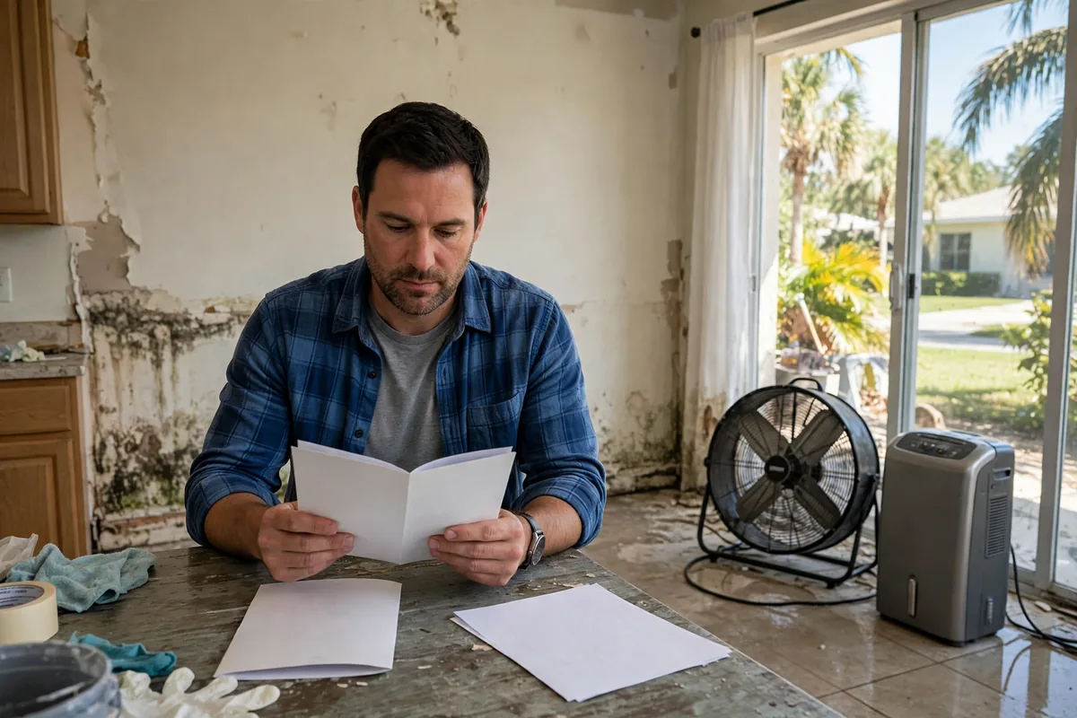 Illustration of a Florida homeowner reading a water damage guide
