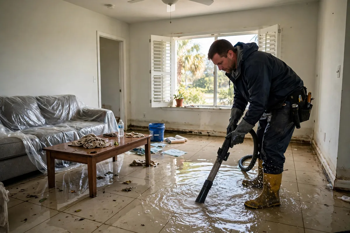 Emergency Water Damage Florida — a pro removing standing water from a flooded Florida living room
