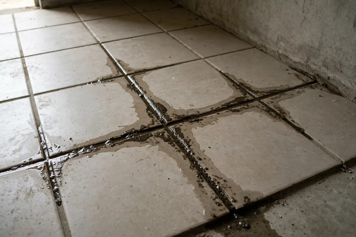Groundwater seeping through slab — damp patches rising along the joints of a tile floor on a concrete slab