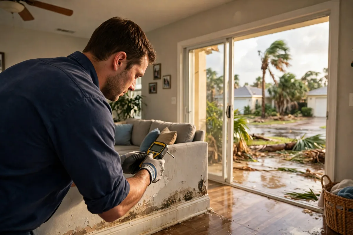 Water spreading across the tiled floor of a Florida home after a leak