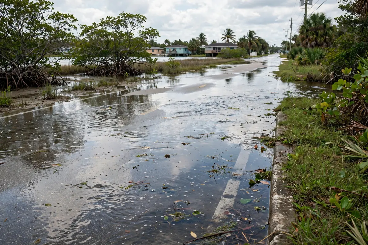 King tide flooding on a sunny Florida street — seawater ponding over a coastal road at high tide