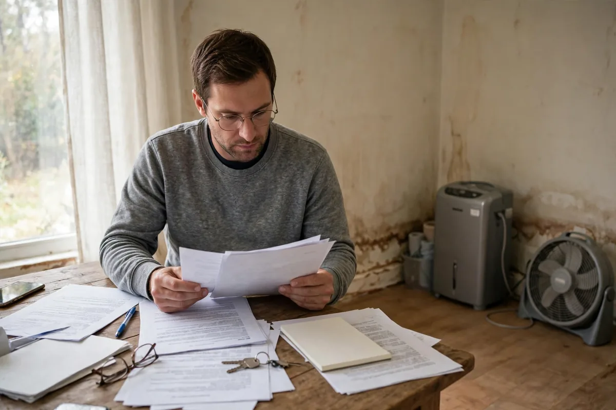 Public adjuster for water damage claim — a homeowner reviewing insurance paperwork after a flooded room was dried