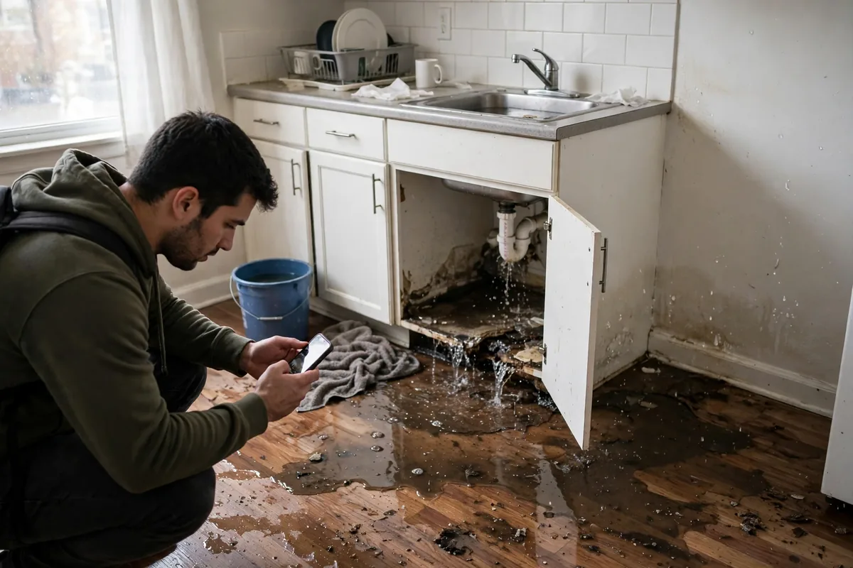 Does renters insurance cover water damage — a renter documenting a wet apartment floor after a burst pipe