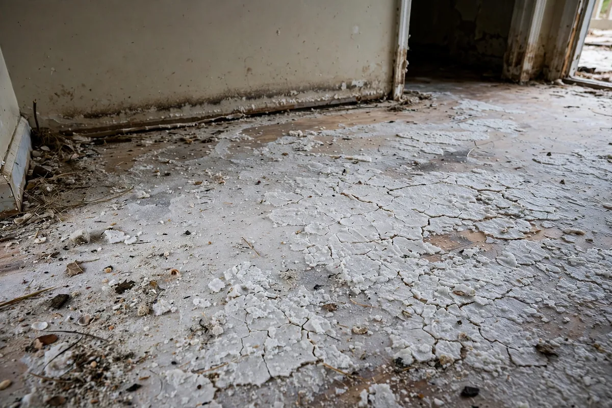 Saltwater flooding damage to home — white salt crust left on a floor after hurricane storm surge
