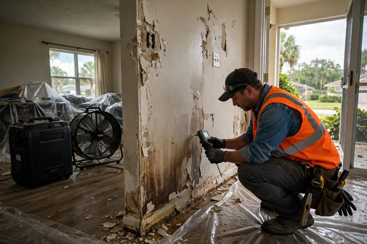 Water Damage DeLand, FL — technician measuring moisture in a wall after river-area flooding