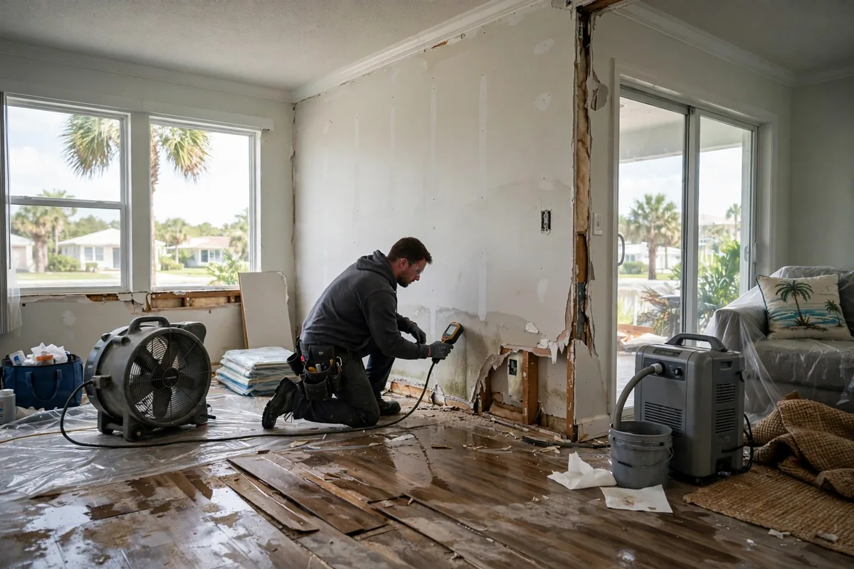 Water Damage Dunedin, FL — technician drying a flooded coastal home