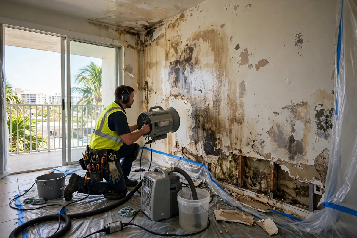 Water Damage Hallandale Beach, FL — technician drying a condo wall after an upstairs pipe leak