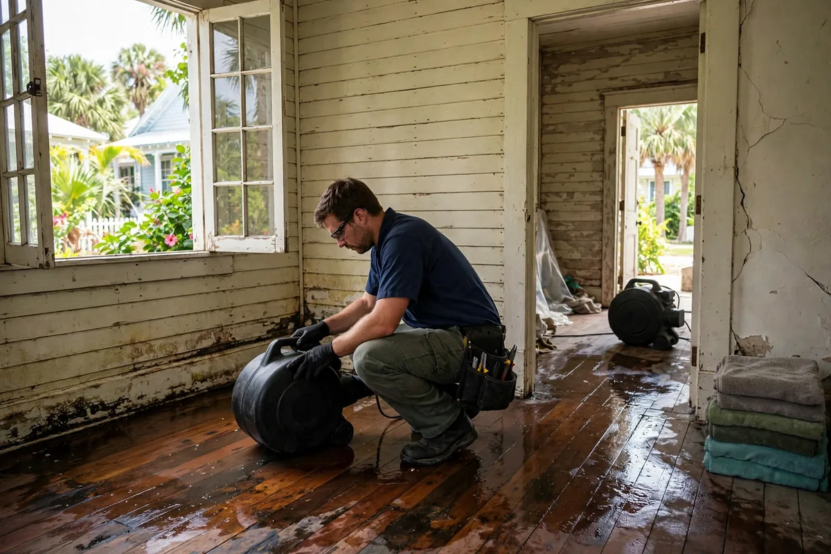 Water Damage Lake Worth Beach, FL — technician drying the floor of a historic cottage after a pipe leak