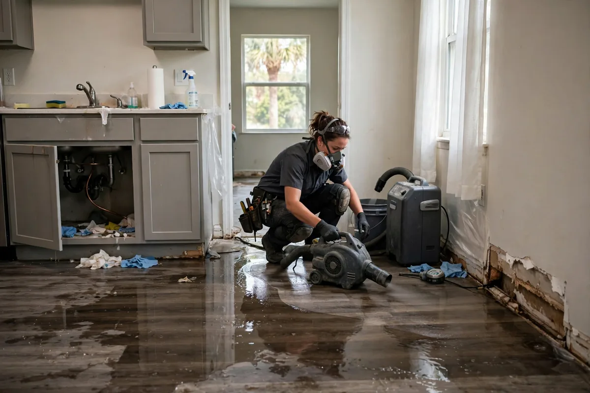 Water Damage Land O'Lakes, FL — technician drying floors after a supply line leak