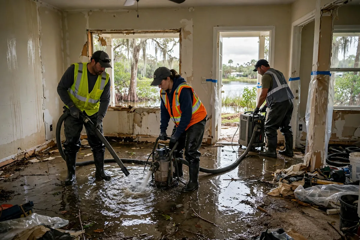 Water Damage Lee County, FL — crew removing flood water from a home near the Caloosahatchee River