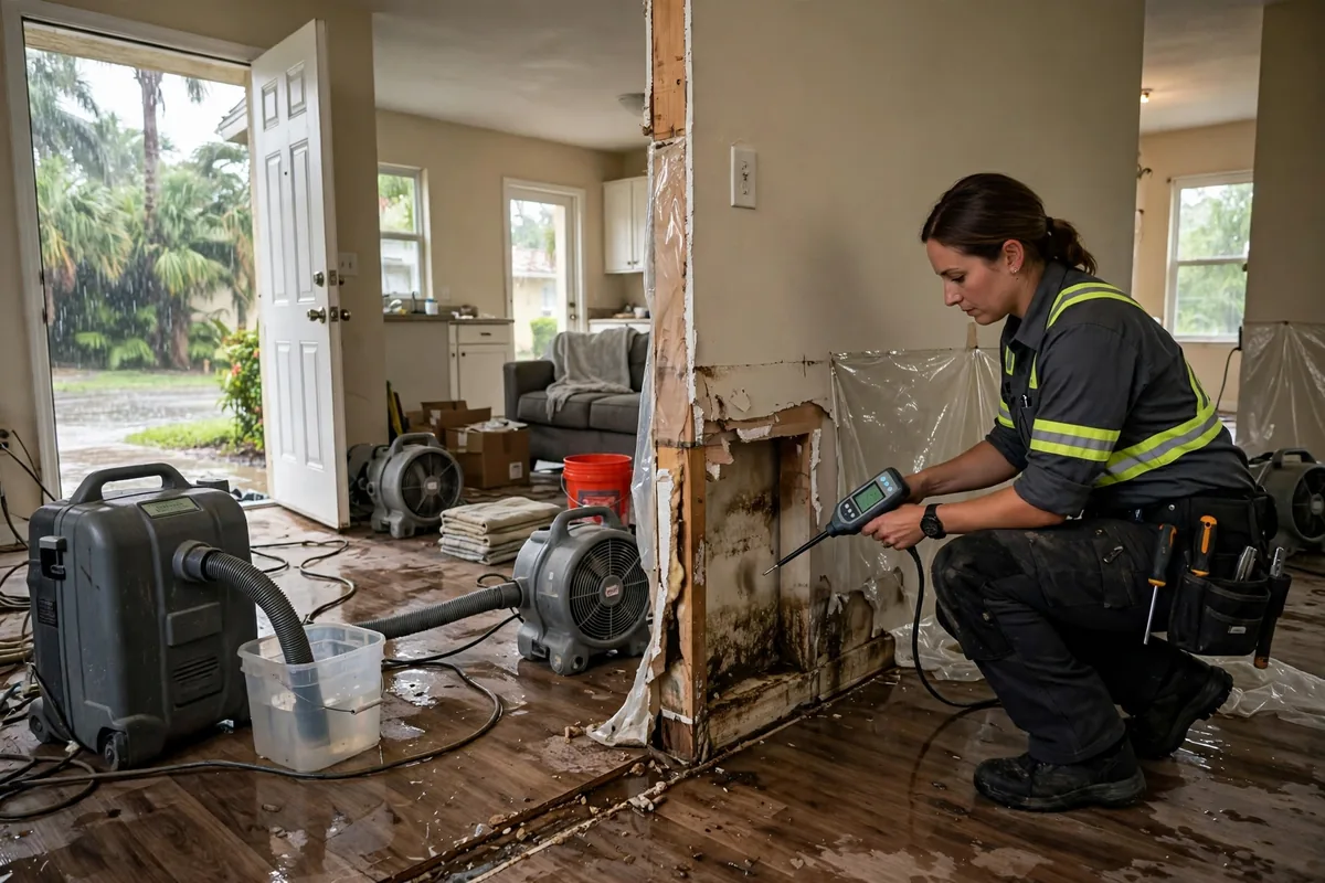 Water Damage Miami-Dade County, FL — pro drying a home after heavy rain