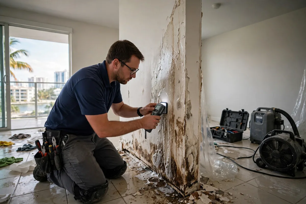 Water Damage North Miami Beach, FL — technician measuring wall moisture inside a condo after a leak