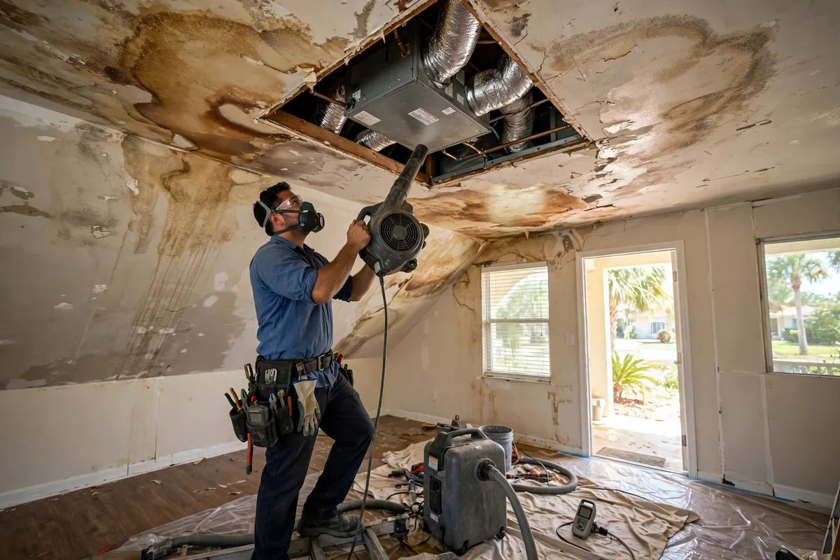 Water Damage Ocoee, FL — technician drying a water-stained ceiling below an attic air handler