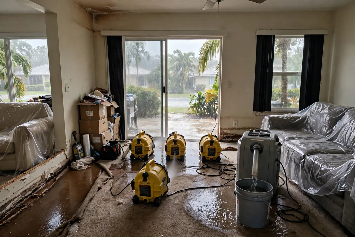 Water Damage Orange County, FL — air movers drying a living room after heavy rain