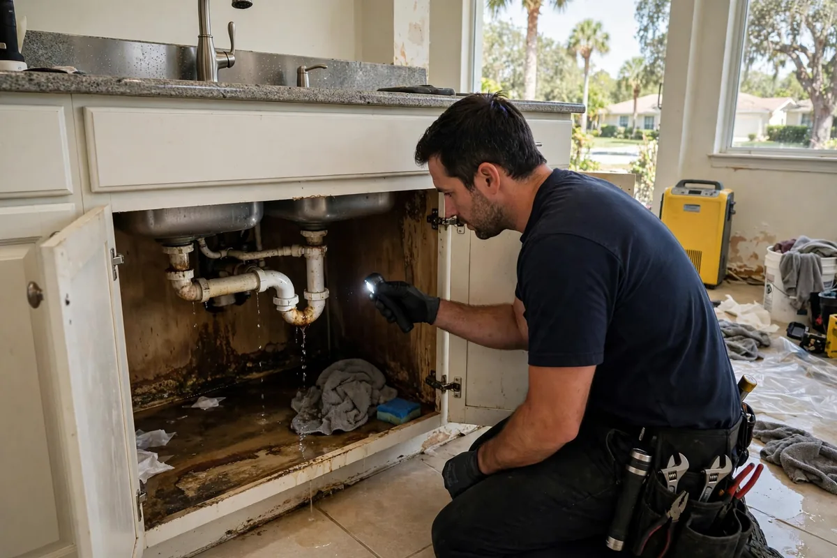 Water Damage Oviedo, FL — technician inspecting under a kitchen sink for a leak