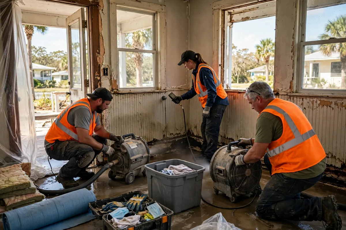 Water Damage Palm Beach County, FL — crew drying an older coastal home