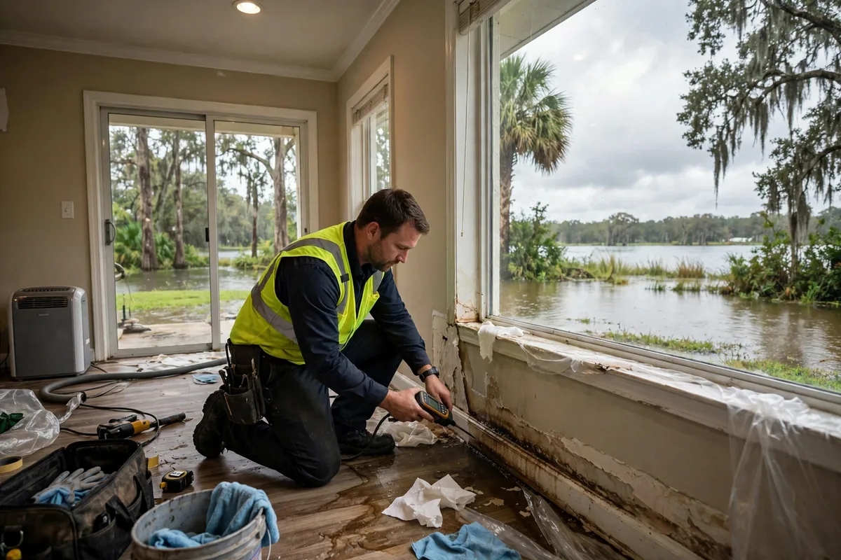 Water Damage Pasco County, FL — technician measuring moisture in a home near a swollen lake