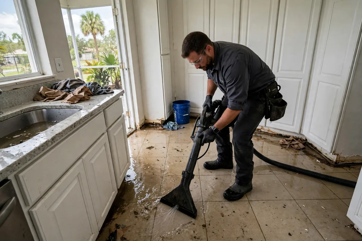 Water Damage Plant City, FL — technician extracting water from a flooded kitchen floor