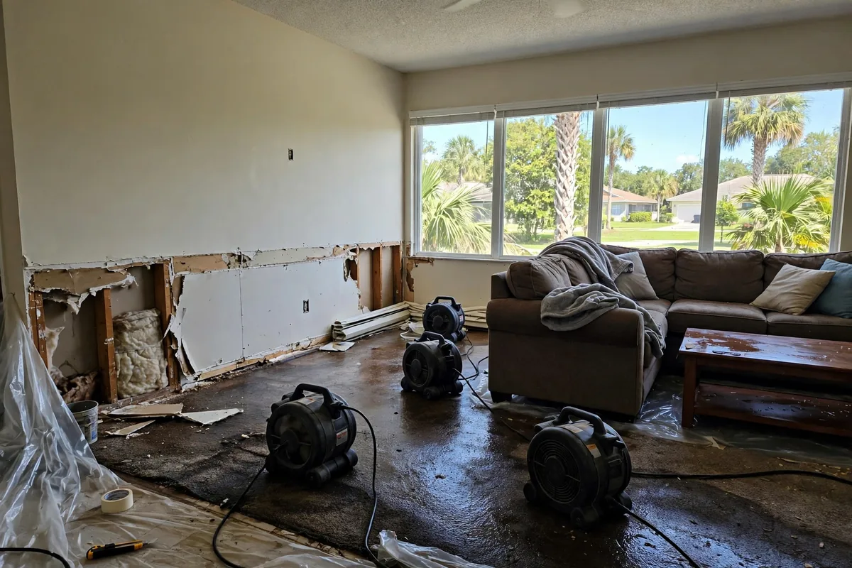 Water Damage Valrico, FL — air movers drying a living room after a supply line leak