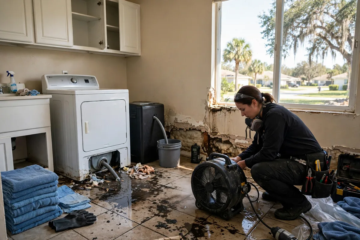 Water Damage Winter Garden, FL — technician drying a laundry room after an appliance leak