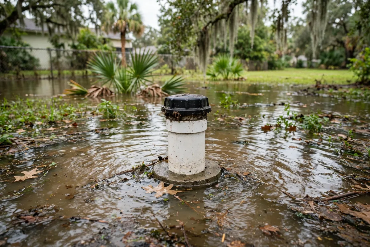 Well water safety after flooding — a private well head surrounded by flood water in a Florida yard